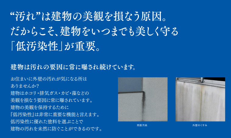 汚れは建物の美観を損なう原因。だからこそ建物をいつまでも美しく守る「低汚染性」が重要。建物は汚れの原因に晒され続けています。